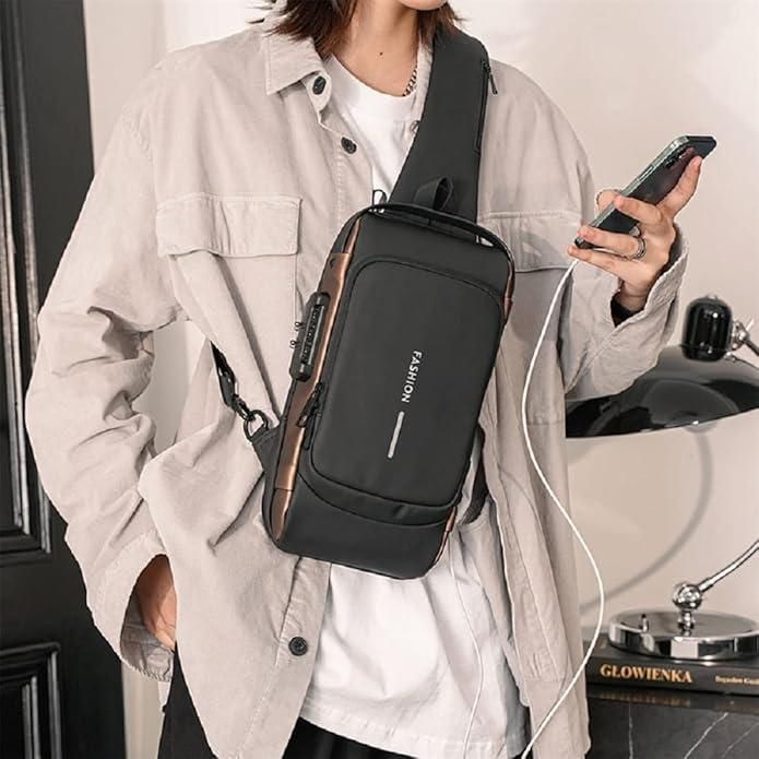 Stylish Waterproof Sling Bag for Men & Women – Leather Finish, Locking System, 400g